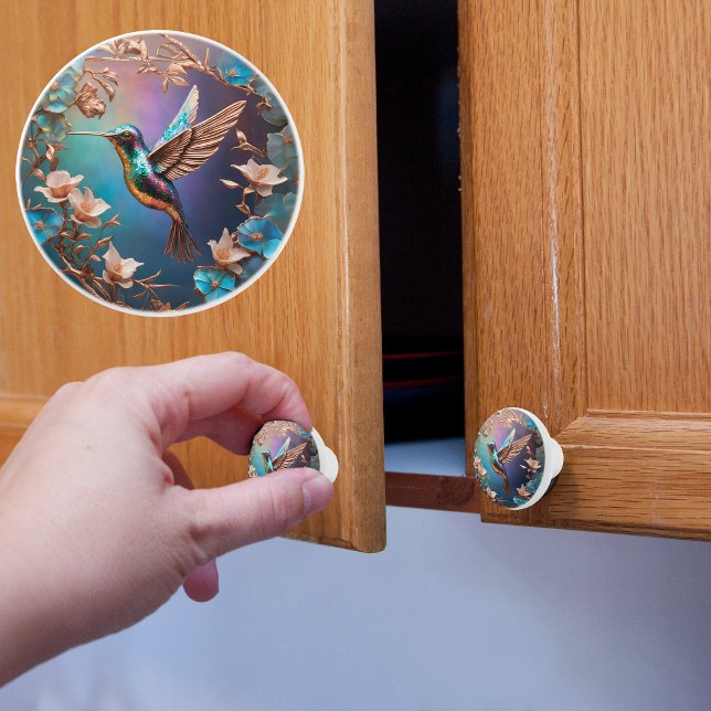 Bouton De Porte En Céramique Bleu Étincelant Avec Colibri (Créateur téléchargé)