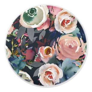 Bouton De Porte En Céramique Bleu foncé et rose blush floral aquarelle chic