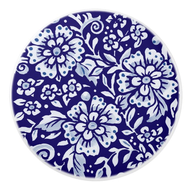 Bouton De Porte En Céramique Bleu foncé Grand Design Floral Bois Marine (Devant)