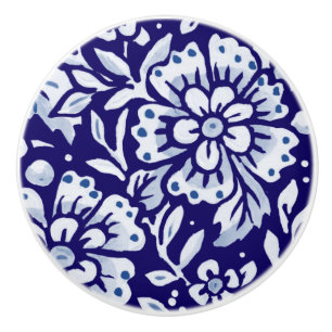 Bouton De Porte En Céramique Bleu foncé Grand Design Floral Bois Marine Cerami