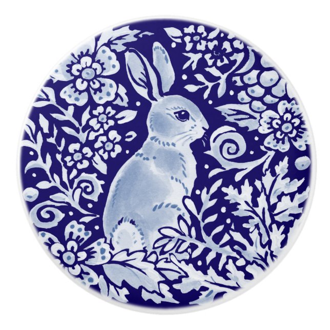 Bouton De Porte En Céramique Bleu foncé Lapin Bois Animal Floral Cobalt (Devant)
