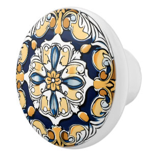 Bouton De Porte En Céramique Bleu Jaune Blanc Noir Azuleju Espagnol Marocain