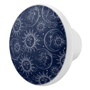 Bouton De Porte En Céramique Bleu Magie Vintage Céleste Soleil Lune étoiles