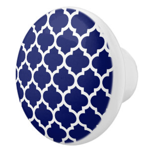 Bouton De Porte En Céramique Bleu marine blanc motif Quatrefoil marocain #5