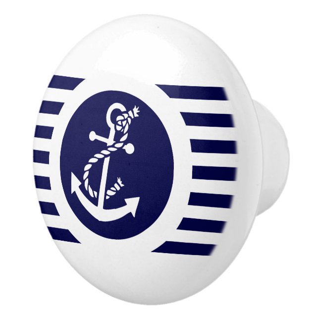Bouton De Porte En Céramique Bleu Marine & Blancs Avec Ancre Nautique (Droite)