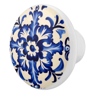Bouton De Porte En Céramique Bleu méditerranéen et blanc Art folklorique Abstra