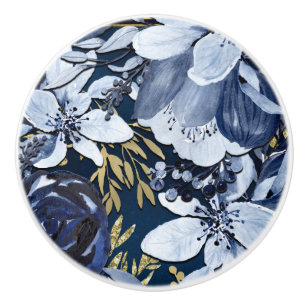 Bouton De Porte En Céramique Bleu Nuit & Or Élégant Moderne Floral Aquarelle