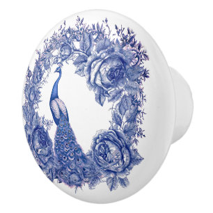 Bouton De Porte En Céramique Bleu Peacock Rose frontière florale