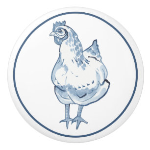 Bouton De Porte En Céramique Bleu Rustique & Poulet Blanc Hen Country Delft