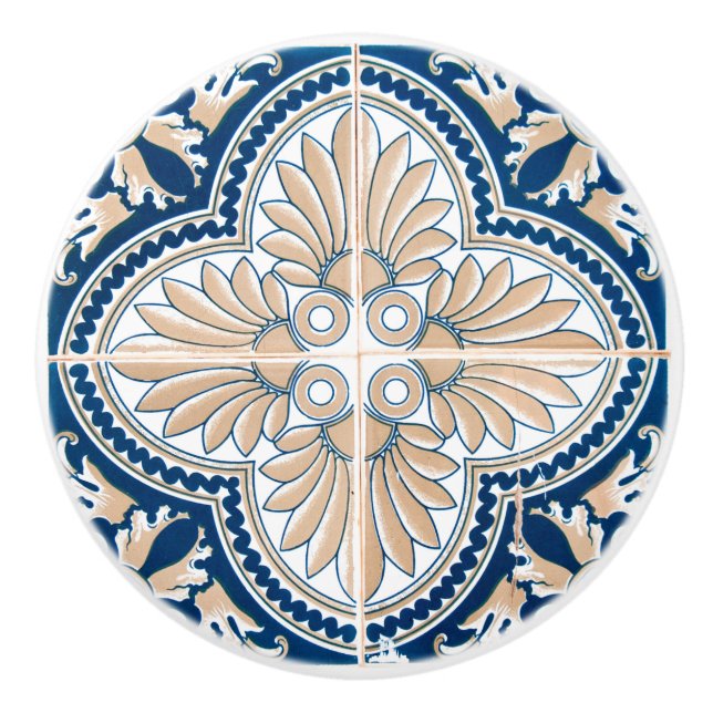Bouton De Porte En Céramique Bleu traditionnel et carrelage tan ceramic Knob (Devant)