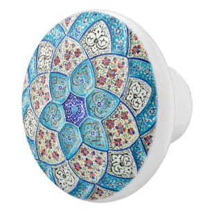 Bouton De Porte En Céramique Bleu turquoise marocain traditionnel, blanc, saumo