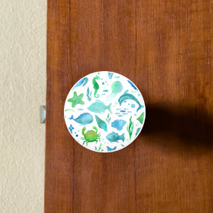 Bouton De Porte En Céramique Bleu vert mer océan poisson dauphin blanc nautique