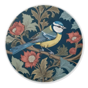 Bouton De Porte En Céramique Bleu William Morris style Oiseau droit Bleu Tit