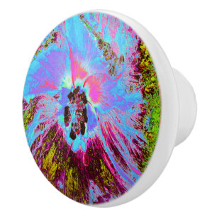 Bouton De Porte En Céramique Bleuet Psychedelique Bleu et Hibiscus Magenta