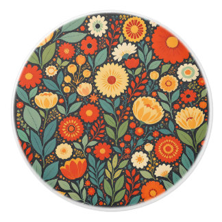 Bouton De Porte En Céramique Blue and Orange Folk Art Flowers