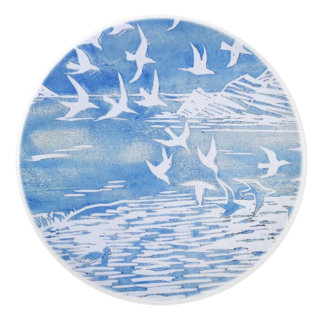 Bouton De Porte En Céramique Blue Coast Birds Moderne Aquarelle Art (Devant)