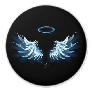 Bouton De Porte En Céramique Blue Glowing Angel Wings on black background