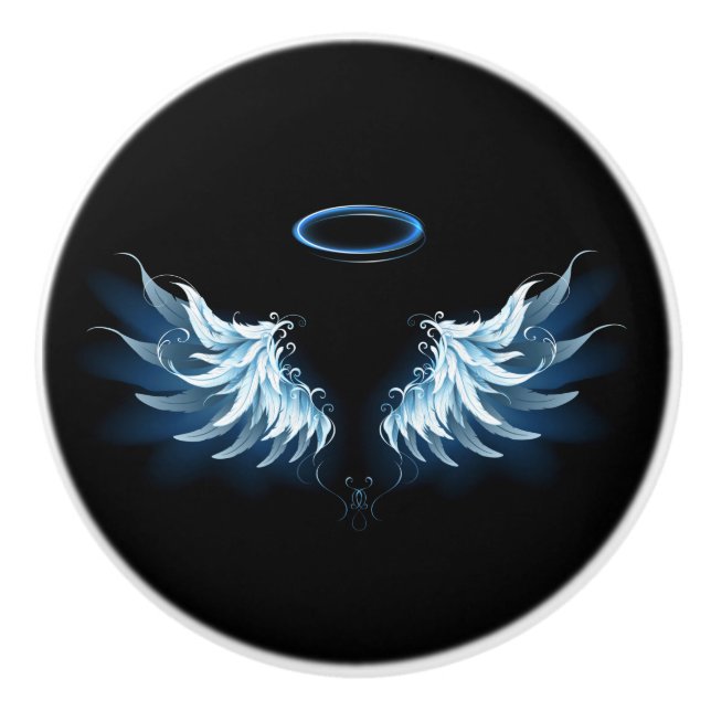 Bouton De Porte En Céramique Blue Glowing Angel Wings on black background (Devant)