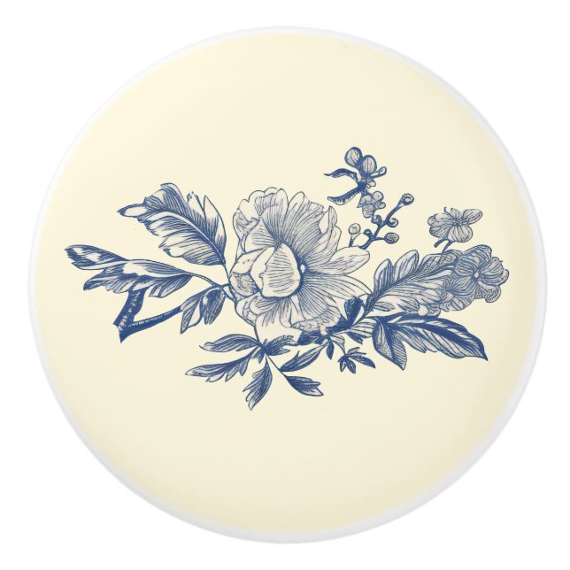 Bouton De Porte En Céramique Blue Ivory Toile Peony Détail (Devant)