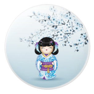 Bouton De Porte En Céramique Blue Kokeshi Doll Cerry Blossom Ceramic Knows