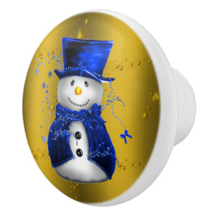 Bouton De Porte En Céramique Blue Snowman sur Gold Christmas