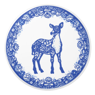 Bouton De Porte En Céramique Blue Willow Design Floral Deer Doe face droit