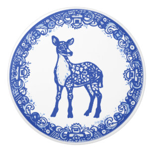 Bouton De Porte En Céramique Blue Willow Design Floral Deer Doe Face Gauche