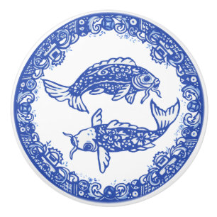 Bouton De Porte En Céramique Blue Willow Design Floral Koi Poisson Oriental Uni