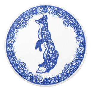 Bouton De Porte En Céramique Blue Willow Design Fox debout face à gauche