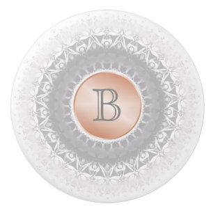 Bouton De Porte En Céramique Blush Grey Rose Blanc Or Mandala Monogramme