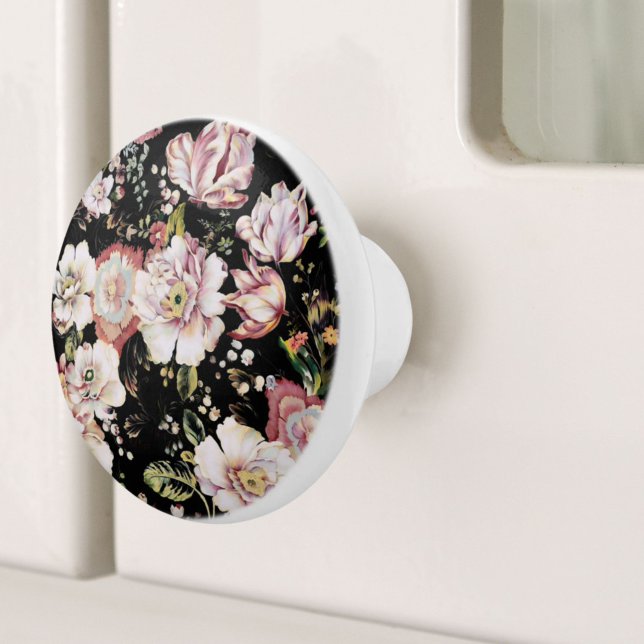 Bouton De Porte En Céramique bohème chic rose pâle fleurs sombres floral (bohemian chic blush pink flowers dark floral ceramic knob)