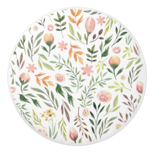 Bouton De Porte En Céramique Bohème Feuilles et fleurs d'aquarelle