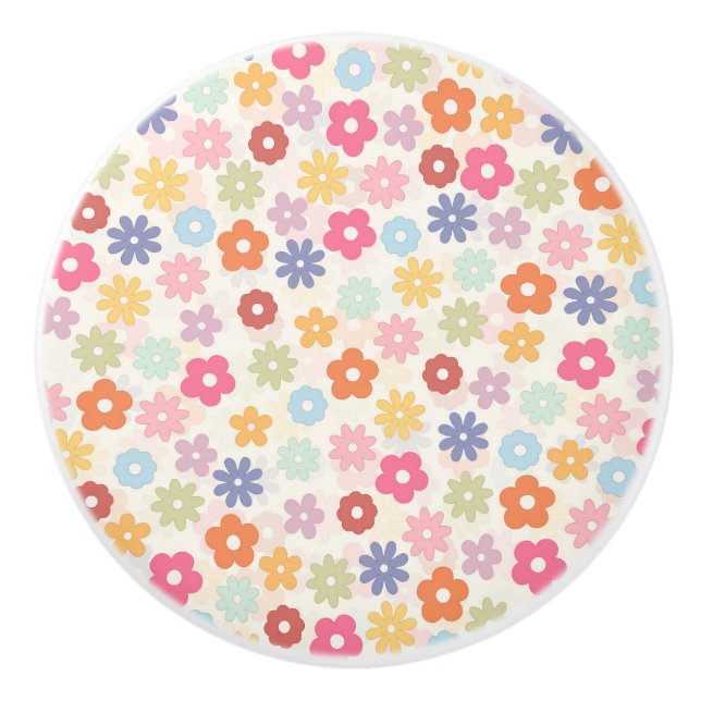 Bouton De Porte En Céramique Boho 70's Retro Daisy Flowers (Devant)