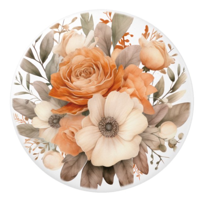 Bouton De Porte En Céramique Boho Gold Brown Fleurs Floral Ceramic Knob (Devant)