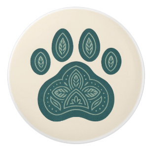 Bouton De Porte En Céramique Boho Green & Cream Pawprint Folk Art Ceramic Knob