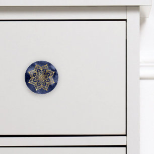 Bouton De Porte En Céramique Boho Mandala Or Navy Blue Encre Texture
