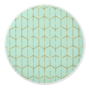 Bouton De Porte En Céramique Boho Vert Menthe Hexagone Or & Glam Géométrique