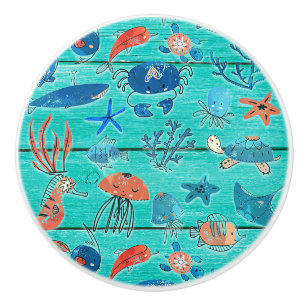 Bouton De Porte En Céramique Bois Turquoise rustique et sous la mer Amis Whimsi