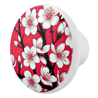 Bouton De Porte En Céramique Bold Cherry Blossom Illustration on Red