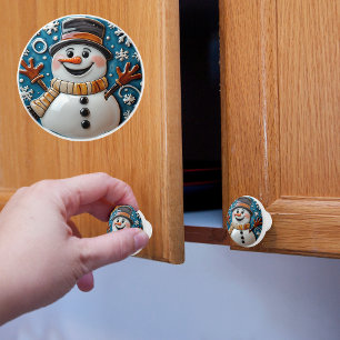 Bouton De Porte En Céramique Bonhomme de neige dans le Noël enneigé