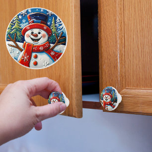 Bouton De Porte En Céramique Bonhomme de neige excité de Noël