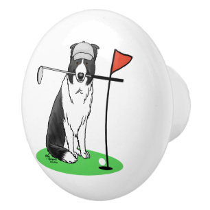 Bouton De Porte En Céramique Bordure Collie Chien Jouer Golf (noir & blanc) Amu