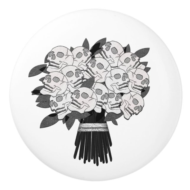 Bouton De Porte En Céramique Bouquet de Roses du crâne noir et blanc (Devant)