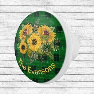 Bouton De Porte En Céramique Bouquet de tournesol ensoleillé sur Plaid vert