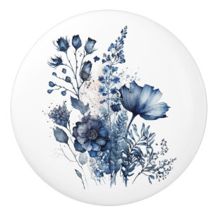 Bouton De Porte En Céramique Bouquet fleur sauvage de style Delft bleu et blanc