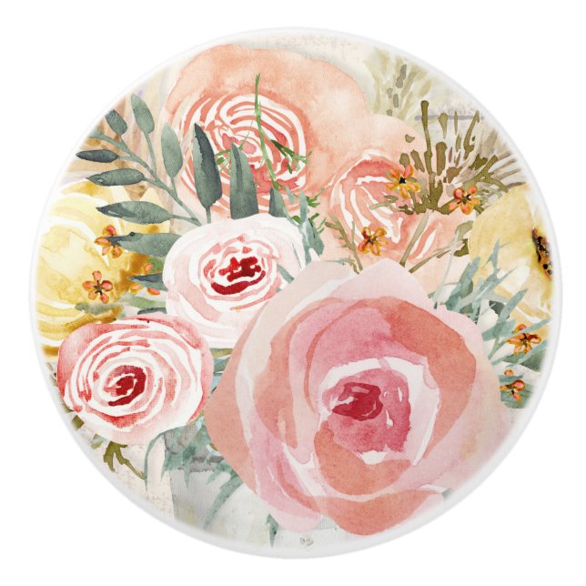 Bouton De Porte En Céramique Bouquet floral Aquarelle Bois rustique Pampas Gras (Devant)