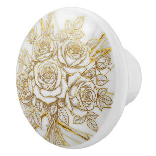 Bouton De Porte En Céramique Bouquet Rose de luxe en or, pierre de Marbre blanc