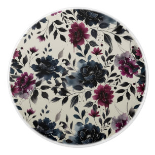 Bouton De Porte En Céramique Bourgogne Bleu Minuit Floral Amande Beige