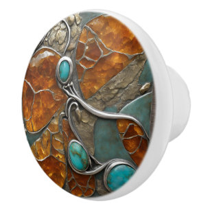 Bouton De Porte En Céramique Boussole ambre avec points turquoise et dentelle a
