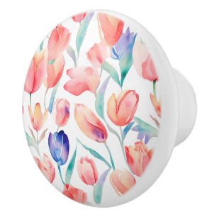 Bouton De Porte En Céramique Bouton en céramique à motif de tulipes à l'aquarel